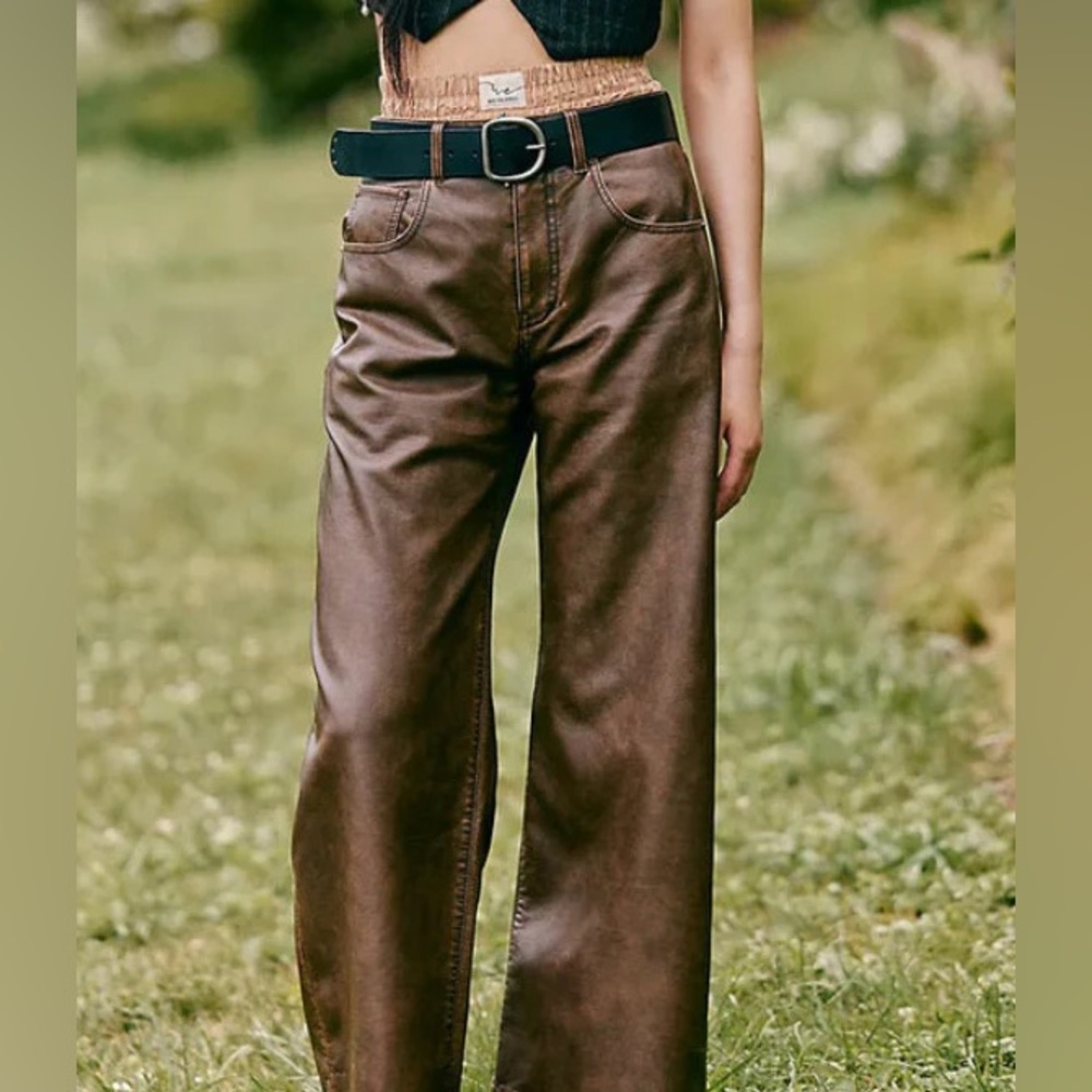 FREE PEOPLE WE THE FREE MISHA VEGAN PANTS FAUX LEATHER SIZE 30 IN BROWN - Picture 3 of 16